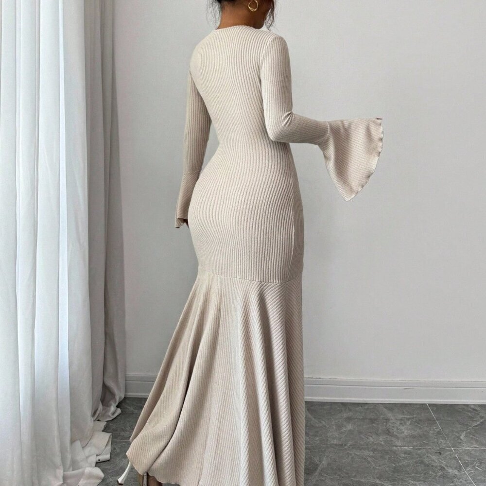 Khaki Elegant Women's Stretchy Fitted Mermaid Hem Ruffle Sleeve Dress - Picture 2 of 7